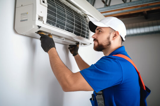 Air conditioning technician servicing a wall-mounted AC unit in Glendale, AZ