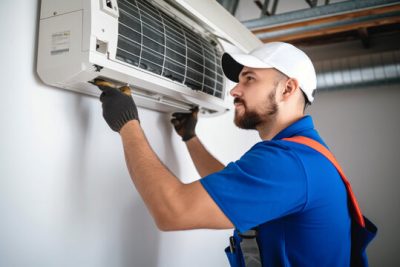 Air conditioning technician servicing a wall-mounted AC unit in Glendale, AZ